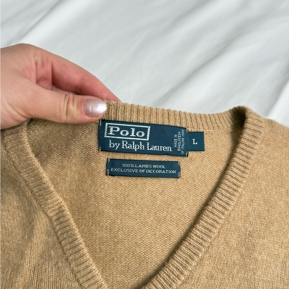 Polo Ralph Lauren 100% Lambswool V-Neck Sweater – Tan/Camel – Size L - Picture 4 of 9